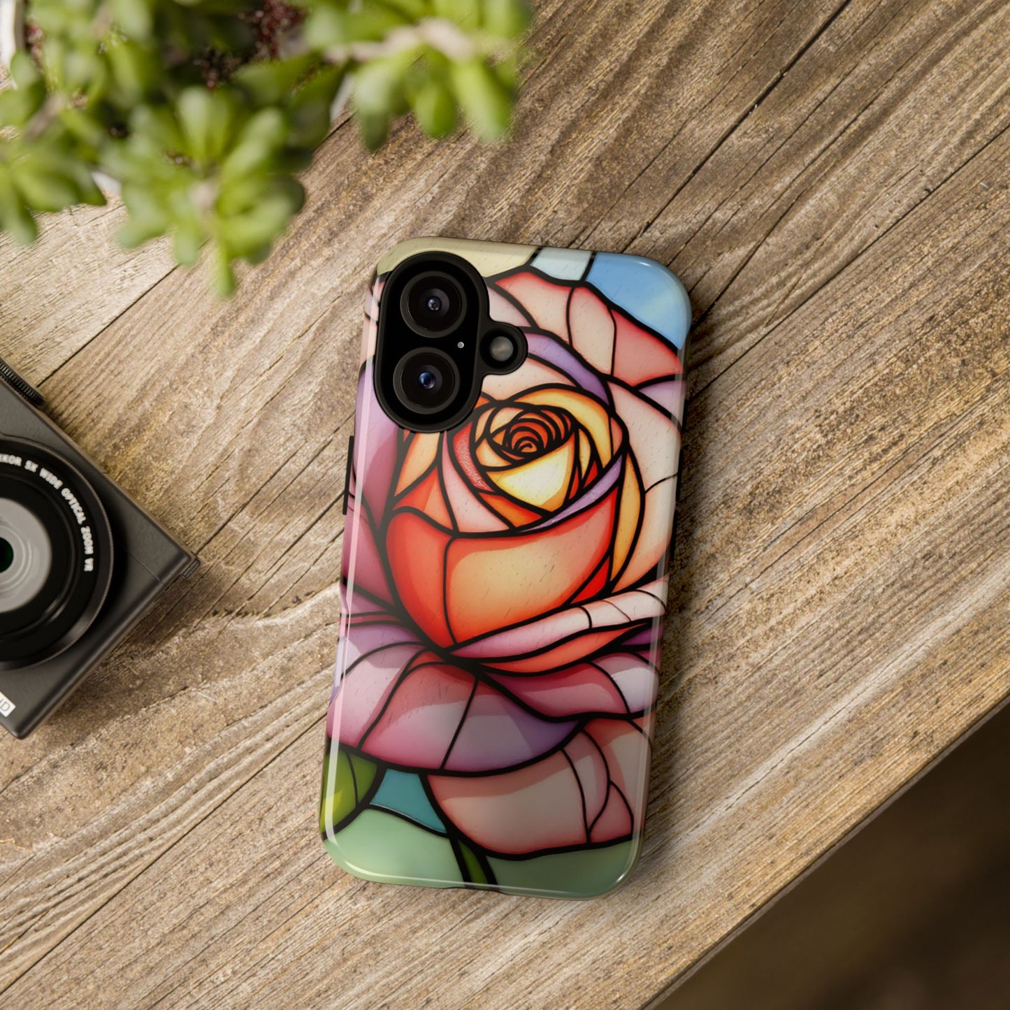 iPhone 16 case, Stained Glass Rose Phone Case, iPhone protective cover, Flower Lovers Gift, Spring Decor, Gift Idea phone case