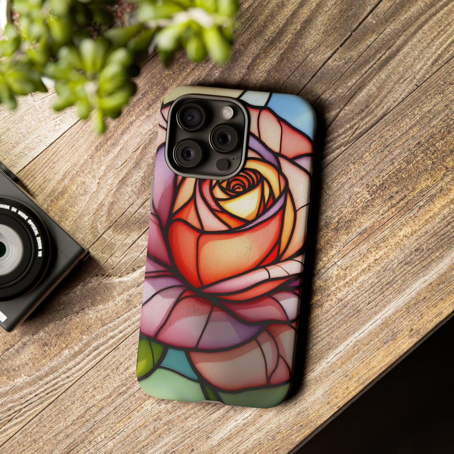 iPhone 16 case, Stained Glass Rose Phone Case, iPhone protective cover, Flower Lovers Gift, Spring Decor, Gift Idea phone case