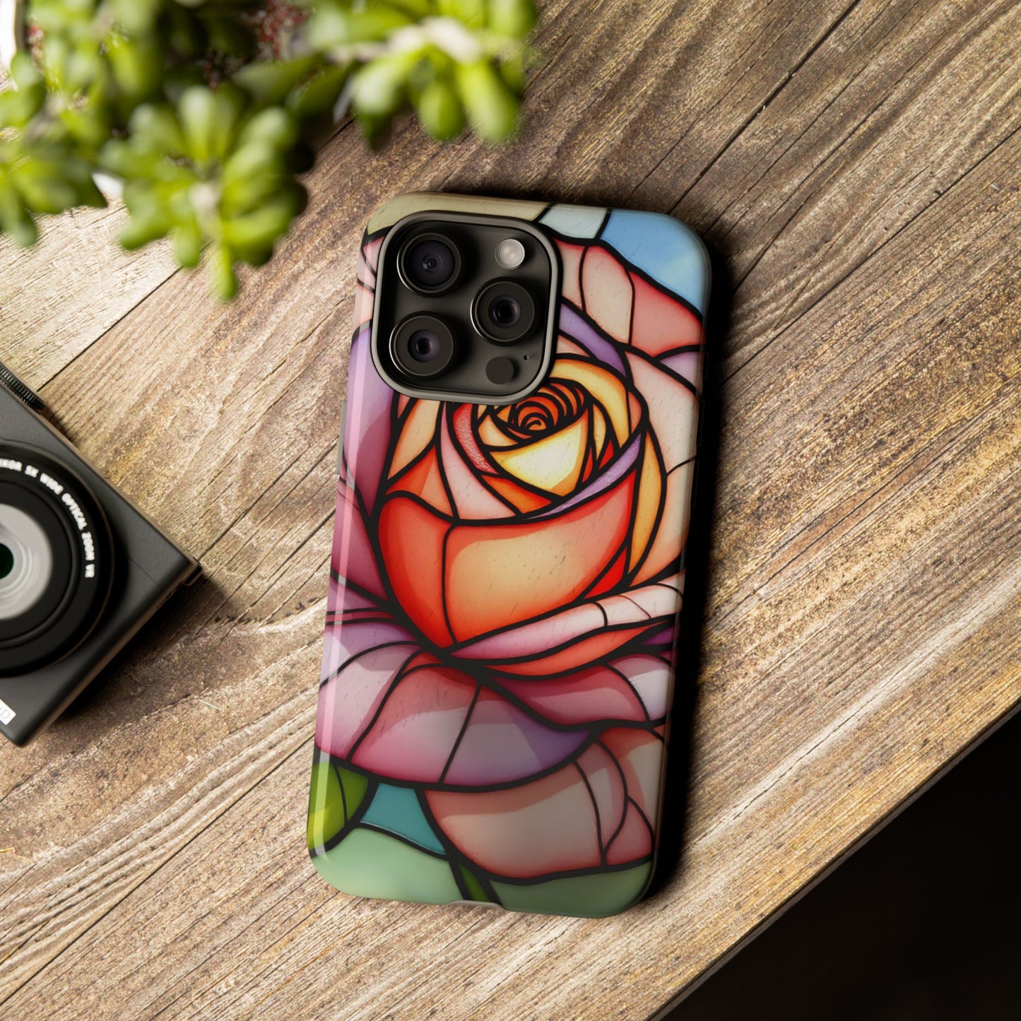 iPhone 16 case, Stained Glass Rose Phone Case, iPhone protective cover, Flower Lovers Gift, Spring Decor, Gift Idea phone case