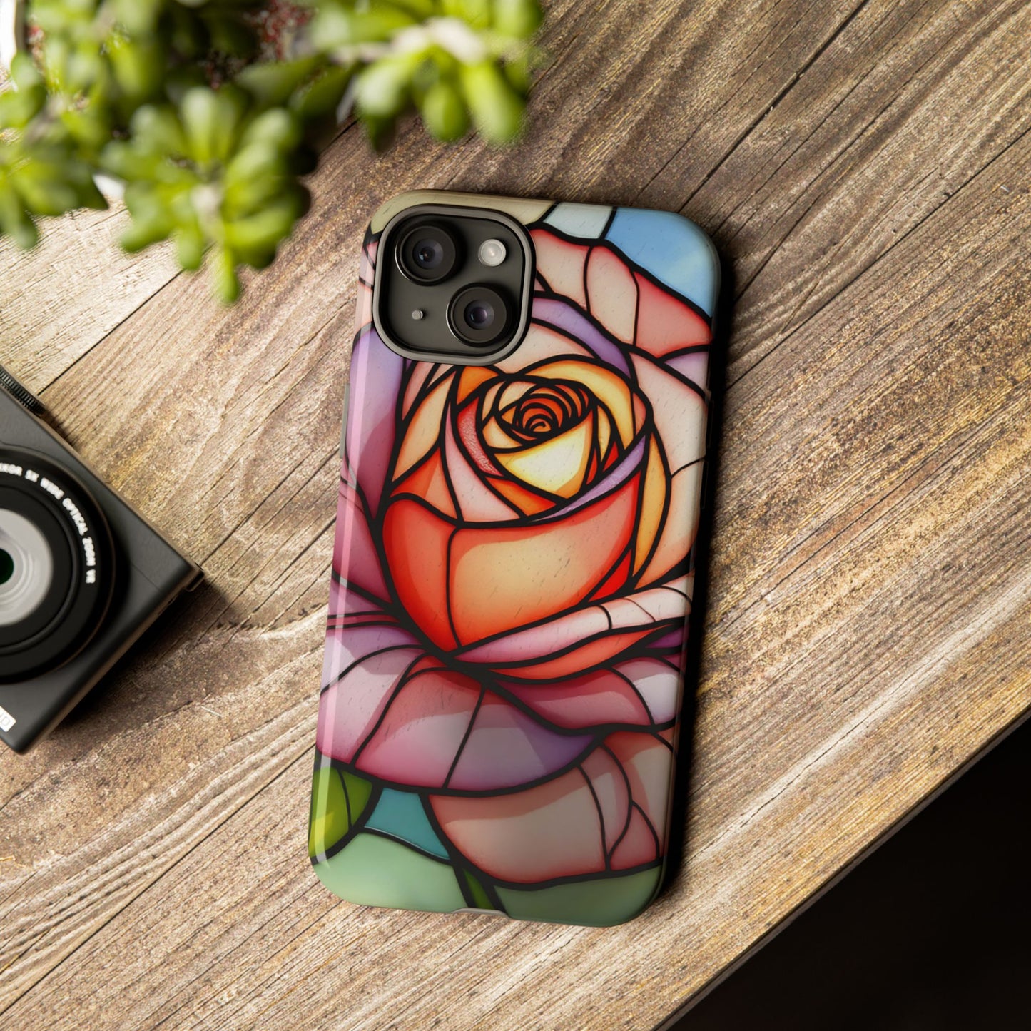 iPhone 16 case, Stained Glass Rose Phone Case, iPhone protective cover, Flower Lovers Gift, Spring Decor, Gift Idea phone case