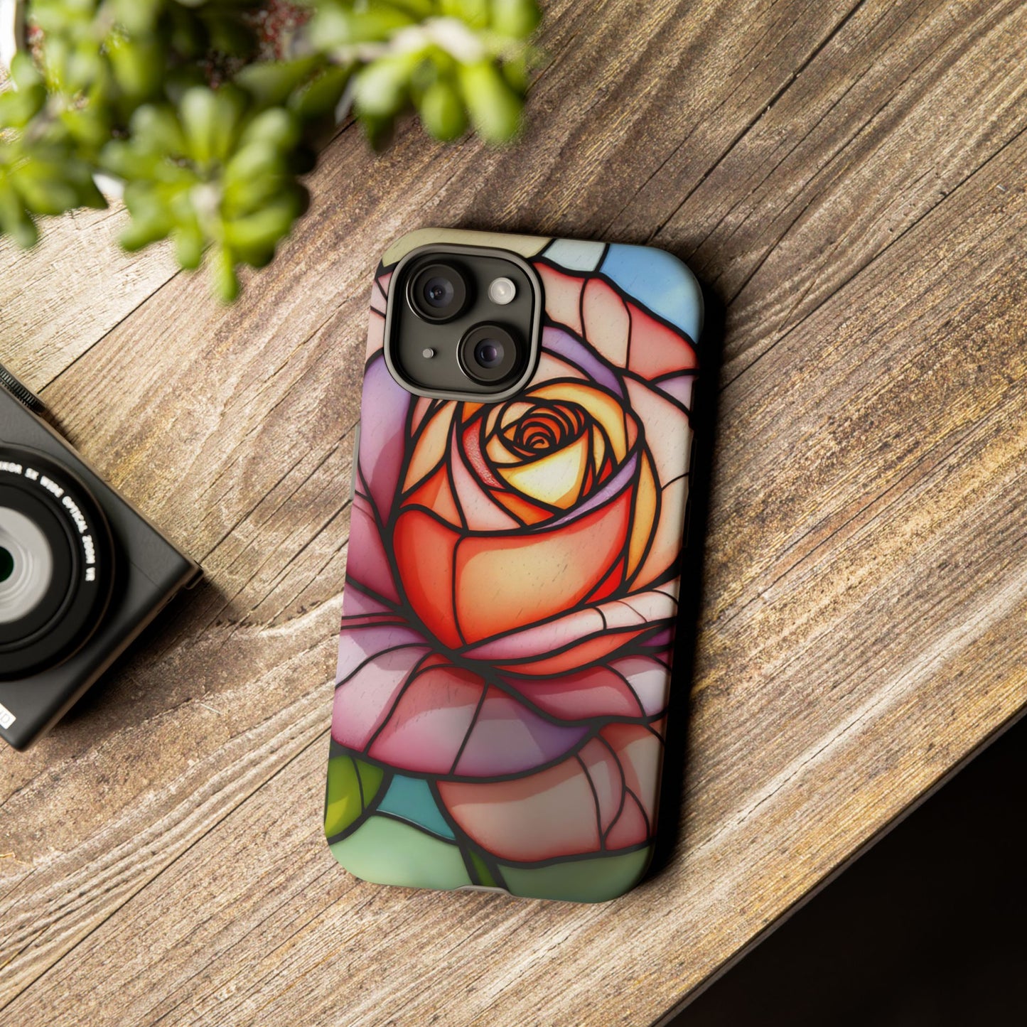 iPhone 16 case, Stained Glass Rose Phone Case, iPhone protective cover, Flower Lovers Gift, Spring Decor, Gift Idea phone case