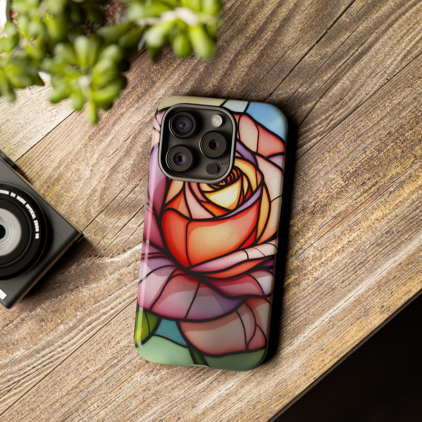 iPhone 16 case, Stained Glass Rose Phone Case, iPhone protective cover, Flower Lovers Gift, Spring Decor, Gift Idea phone case